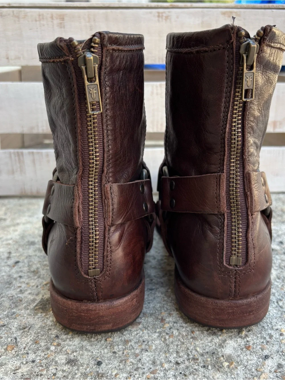 Frye Brown Leather Phillip Harness Ankle Moto Biker Zip Boots Size 9